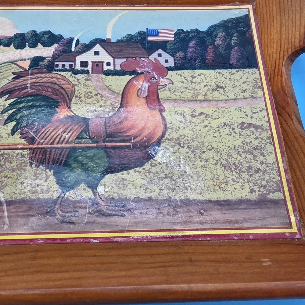 Vintage Wooden Tray Rooster Pulling Cart Farmhouse